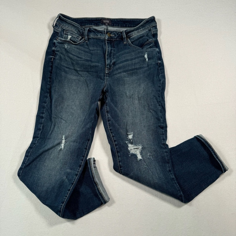 NYDJ Rolled Hem Straight Leg Jeans Womens Size 12 Dark Blue Mid Rise Stretch